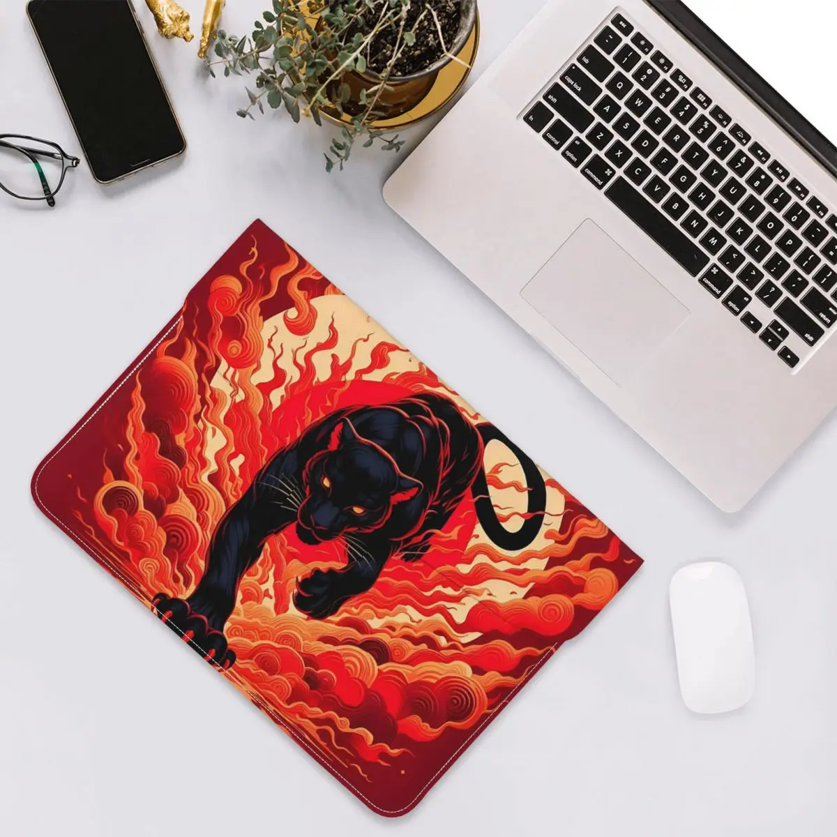 Black Panther Leopard Walking From Flame PU Leather Horizontal Laptop Sleeve Shockproof Soft Lining Notebook Case 13 Inch