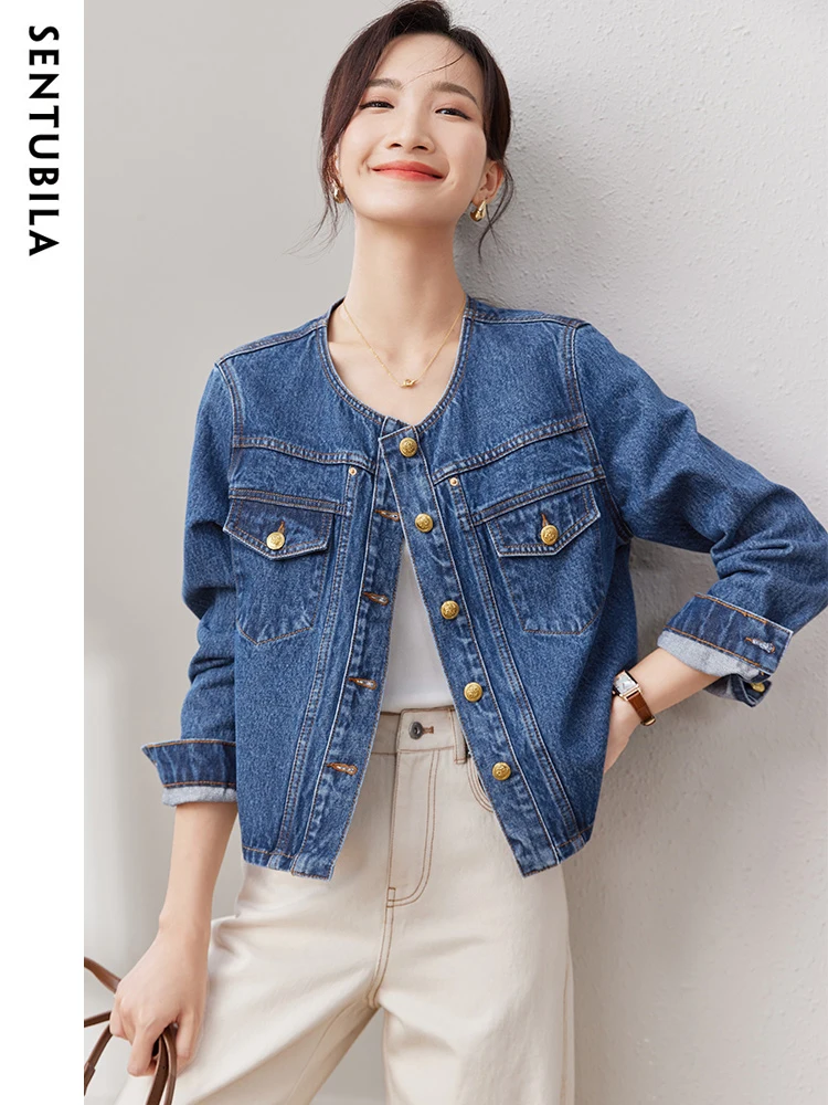 

SENTUBILA 100% Cotton Women's Denim Jackets O-Neck Fashion Casual Woman Cropped Coat 2024 Spring Autumn New Outerwear W33W50581