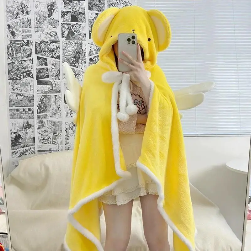 Magic Mori Girl Style Hooded Plush Air Conditioner Blanket Y2k Plush Hooded Capes with Wings Trend Anime Napping Blanket Cloak