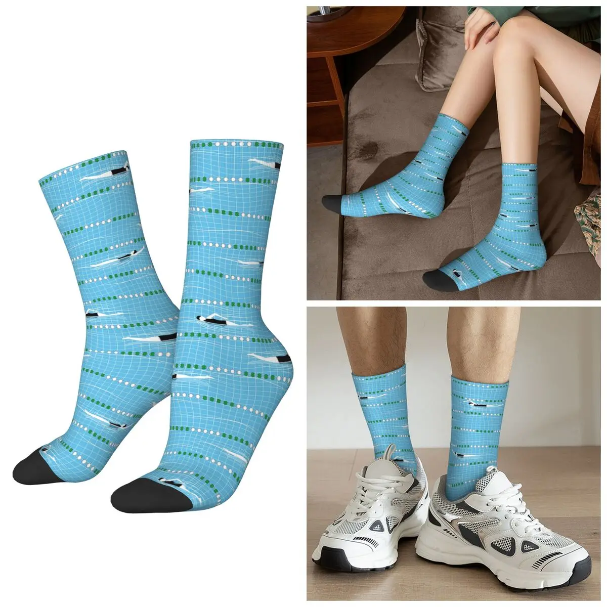 All Seasons Cartoon Swimming In The Swim Pool Socks Harajuku Sport Middle Tube Socks High Quality Stockings for Men Women Gifts