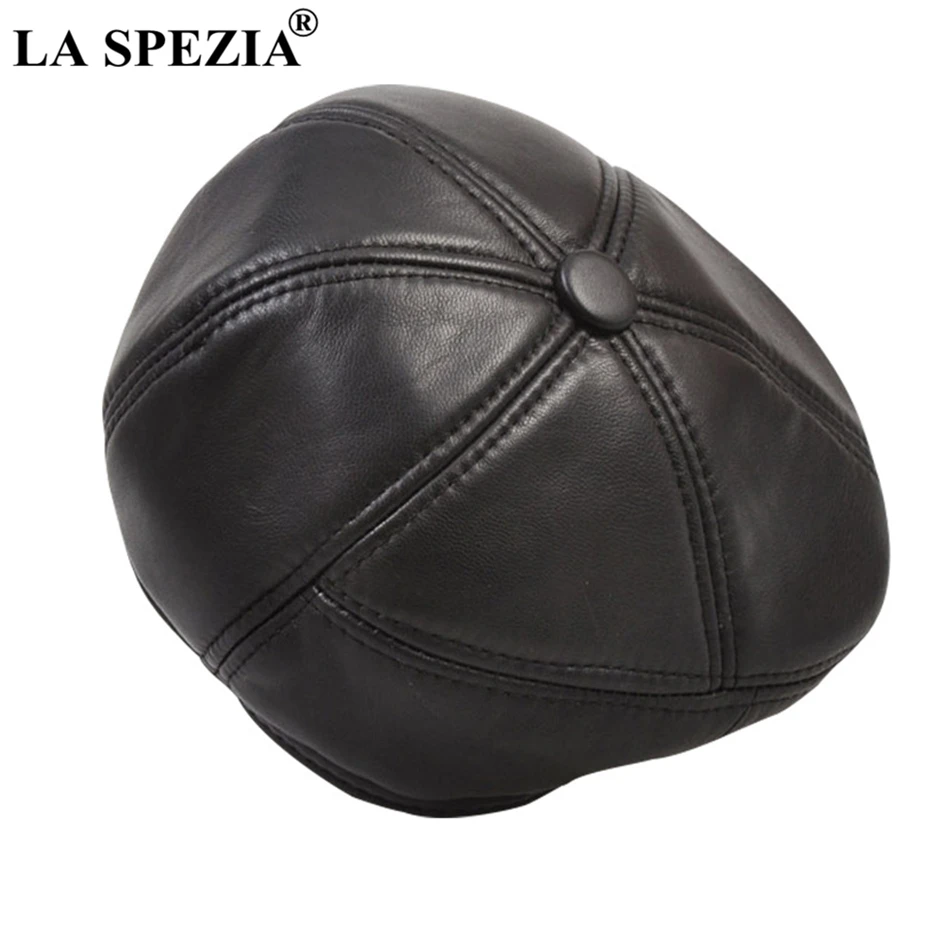 LA SPEZIA Real Leather Berets Man Black Casual Duckbill Hats Vintage Italian Luxury Genuine Leather Winter Warm Flat Caps