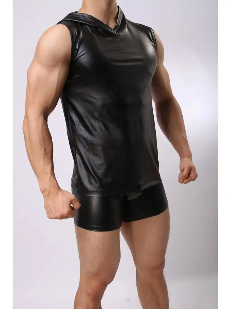 S-XL Hooded Sleeveless Faux PU Leather T Shirt Men Gym Tank Top Bodybuilding Fitness Tanktop Sexy Hot Shapers Body Vest Tshirt