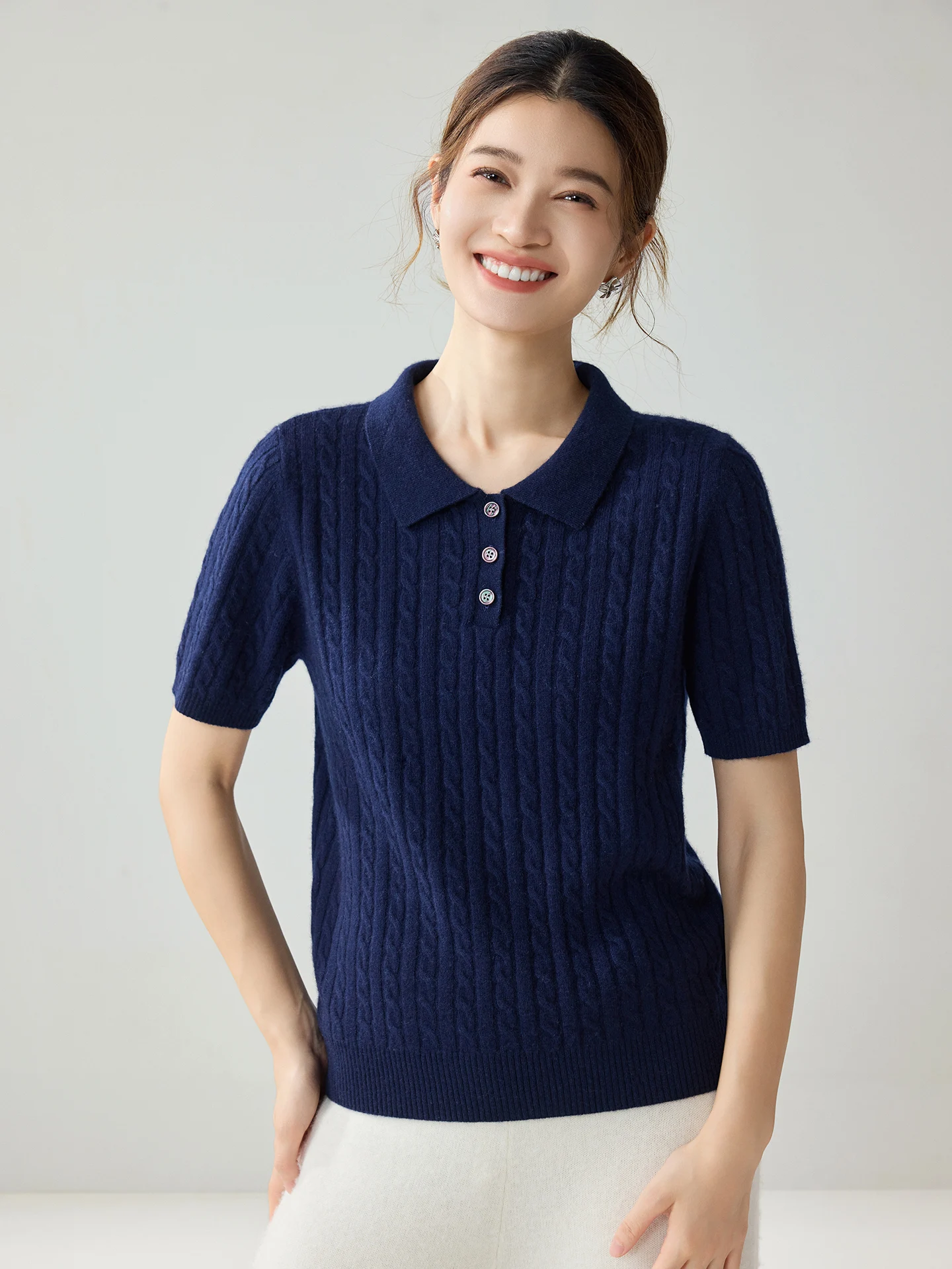 Woman Polo Collar Autumn Winter 100% Cashmere Mock-Neck Short Sleeve Pullover Knitwear Skin-friendly Warm Soft Clothing Tops