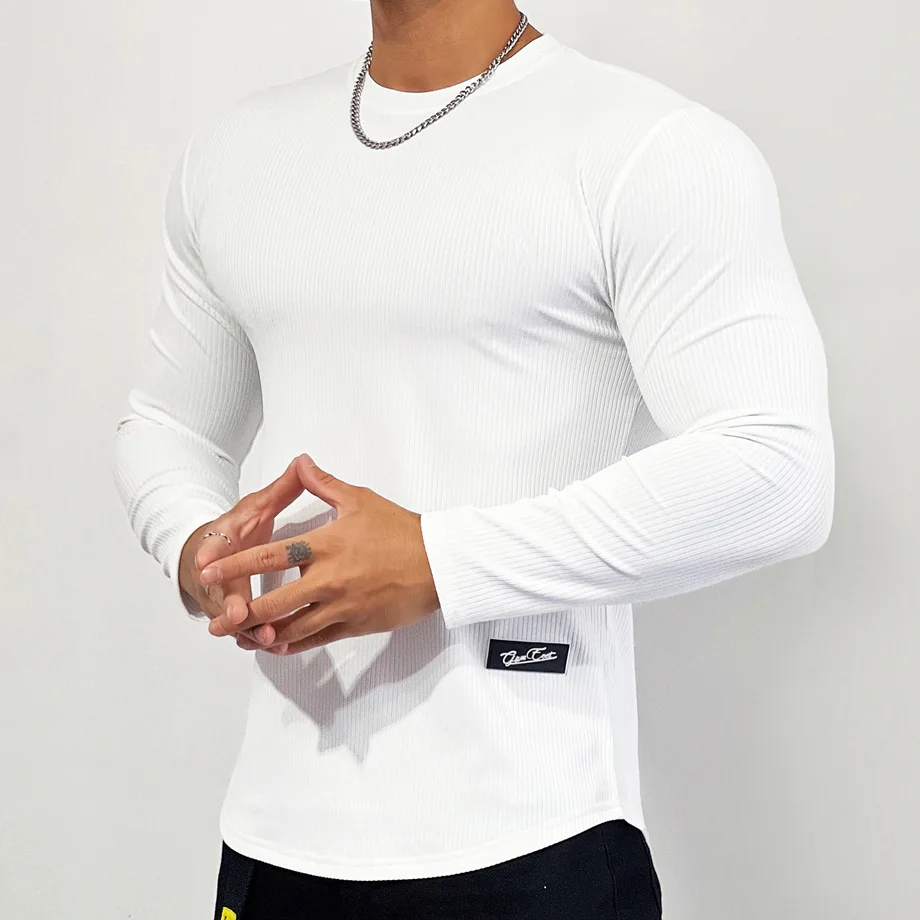 Autumn Winter Casual T-shirt Men Long Sleeves Solid Shirt Gym Fitness Bodybuilding Tees Tops Male Fashion Slim Stripes Clothing