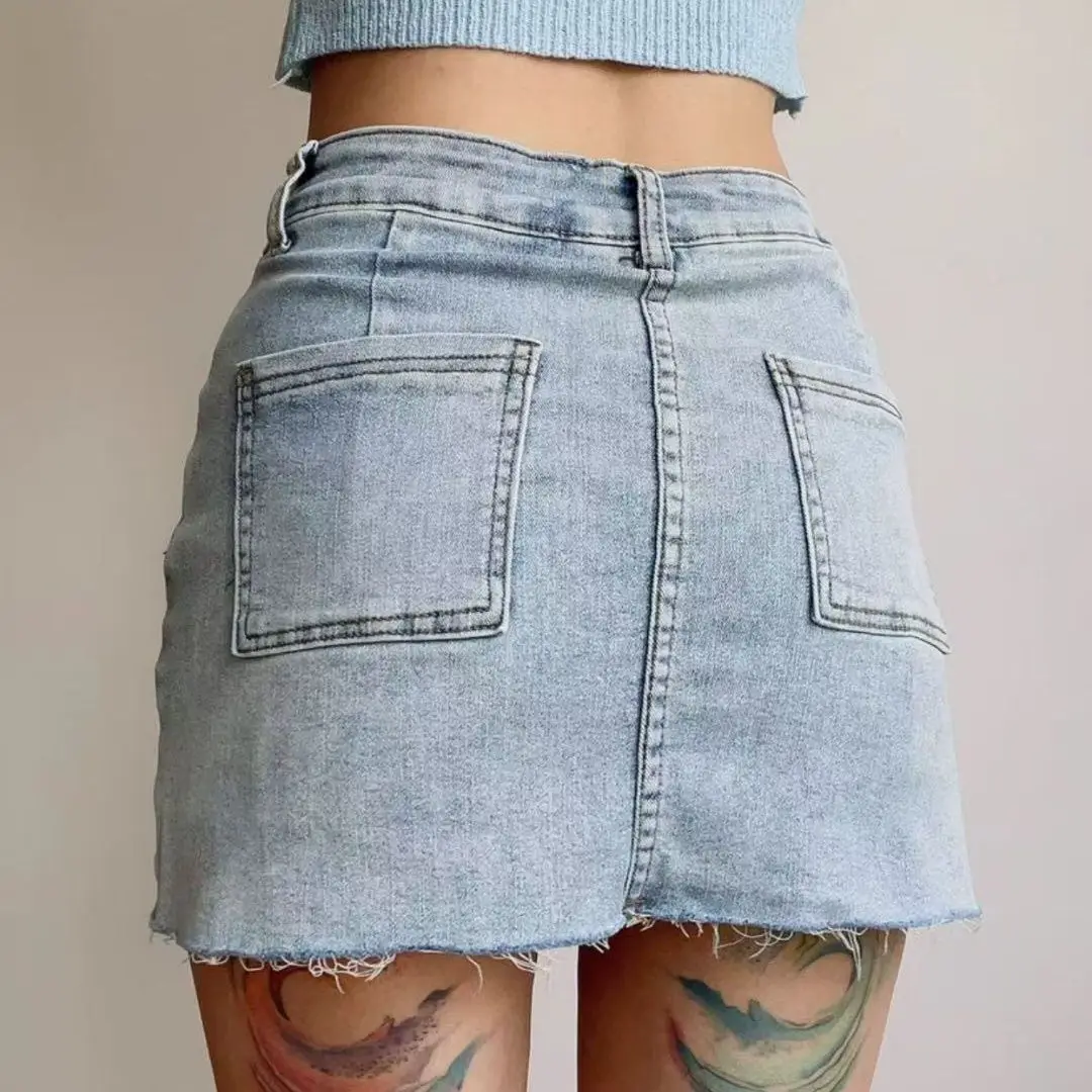 กระโปรงยีนส์กอดร่างกายอเนกประสงค์สําหรับผู้หญิงฤดูร้อนใหม่เอวสูงกระชับกระโปรงทรงเอกระโปรงสาวร้อนไม่มีเลกกิ้ง