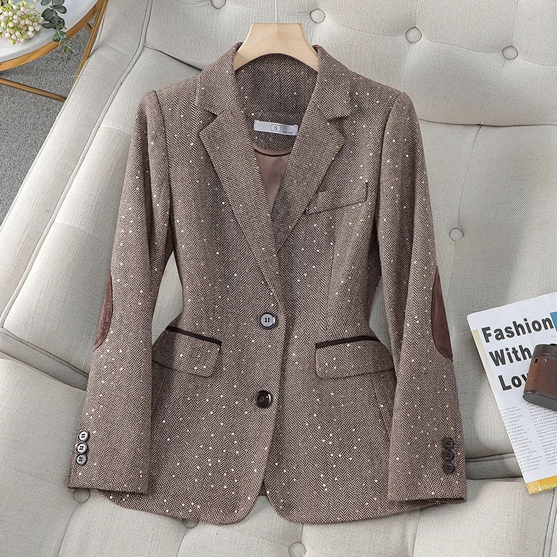 

Sequin Spring And Autumn Women's Blazer, Korean Style Pattern Ladies' Small Suit Jacket, Trendy Color-Block Design