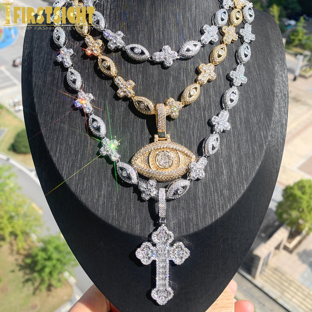 

2024 New Iced Out Luxury Eye Cross Necklace Bling Cubic Zirconia Charm Tennis Chain for Men Women Hip Hop Jewelry