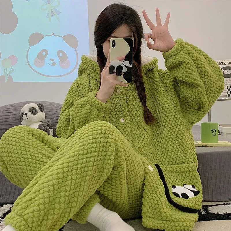 Winter Pajamas Women Coral Fleece Thickened Velvet Nightclothes Suit 2024 New Female Simple Hooded Thermal Flannel Homewear Sets