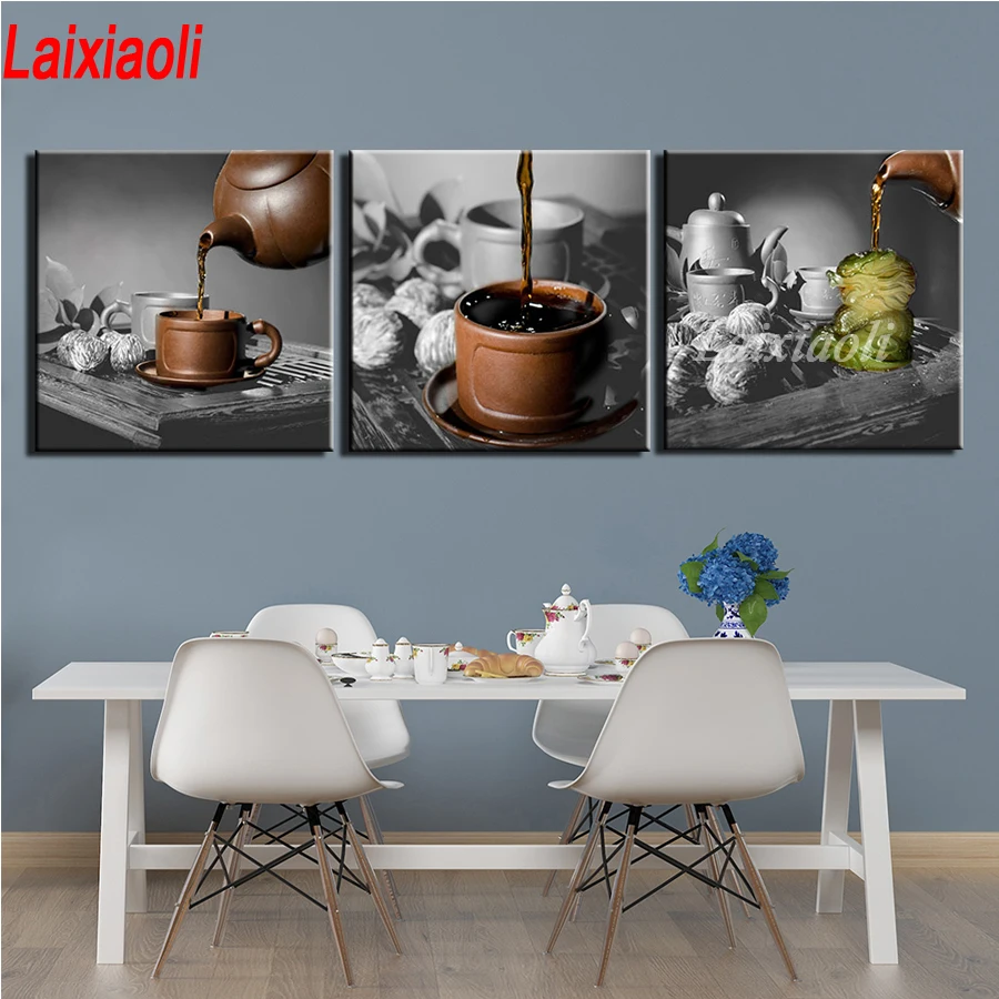 

3 Pcs Painting diamonds Still Life Chinese Tea hobby full rhinestone Pictures Wall Art restaurant kitchen Decoration mosaic art