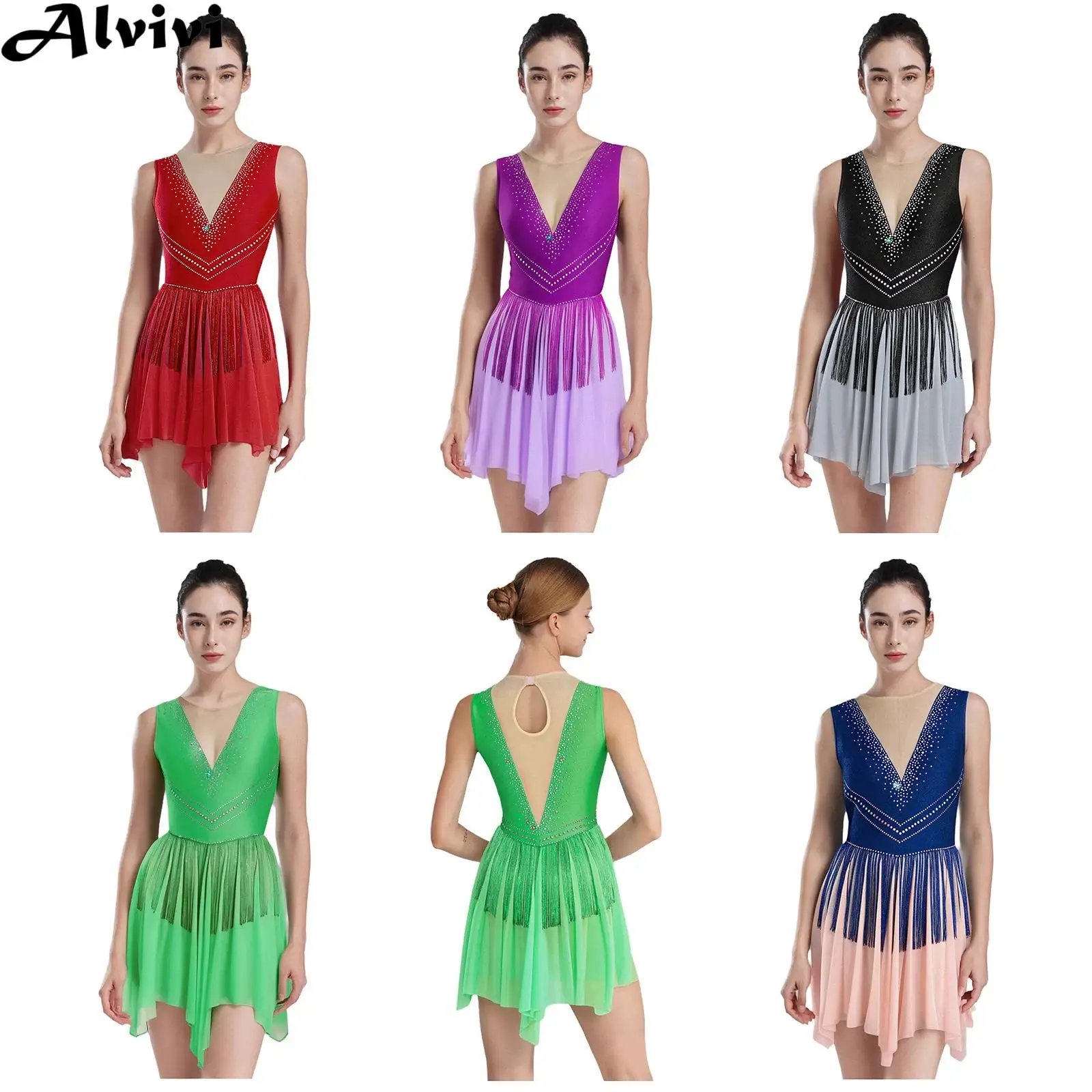 

Женское платье для фигурного катания, балета, латинской самбы, ча-ча, лирическое танцевальное платье без рукавов, блестящие стразы, сетчатый купальник с кисточками, танцевальная одежда