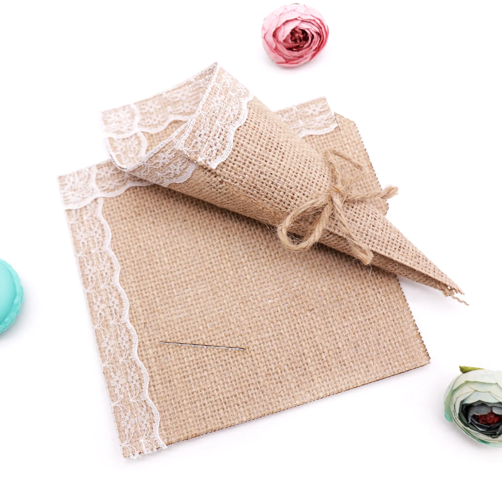 1set Hessian Jute Burlap Banner Lace Flower Bouquet Package Cutlery Pouch for Wedding Party DIY Engagement Home Party Decoration