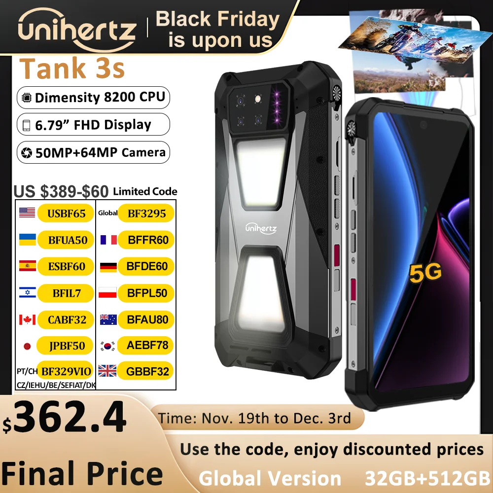 

Unihertz tank 3s 8849 powered smartphone with projector 24GB 256GB Dimension 8200 cellphone 15600mAh 66W charger 64MP 5G phone