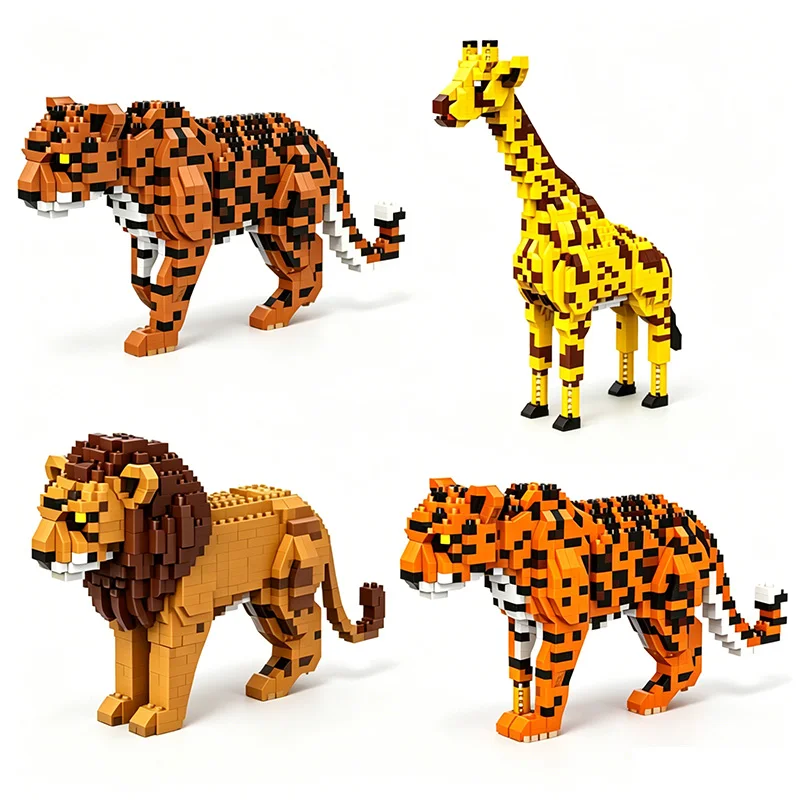 

Animal Series Cheetah Lion Tiger Creative Simulation Building Block Giraffe Ornament Model Children's Puzzle Toy Birthday Gift