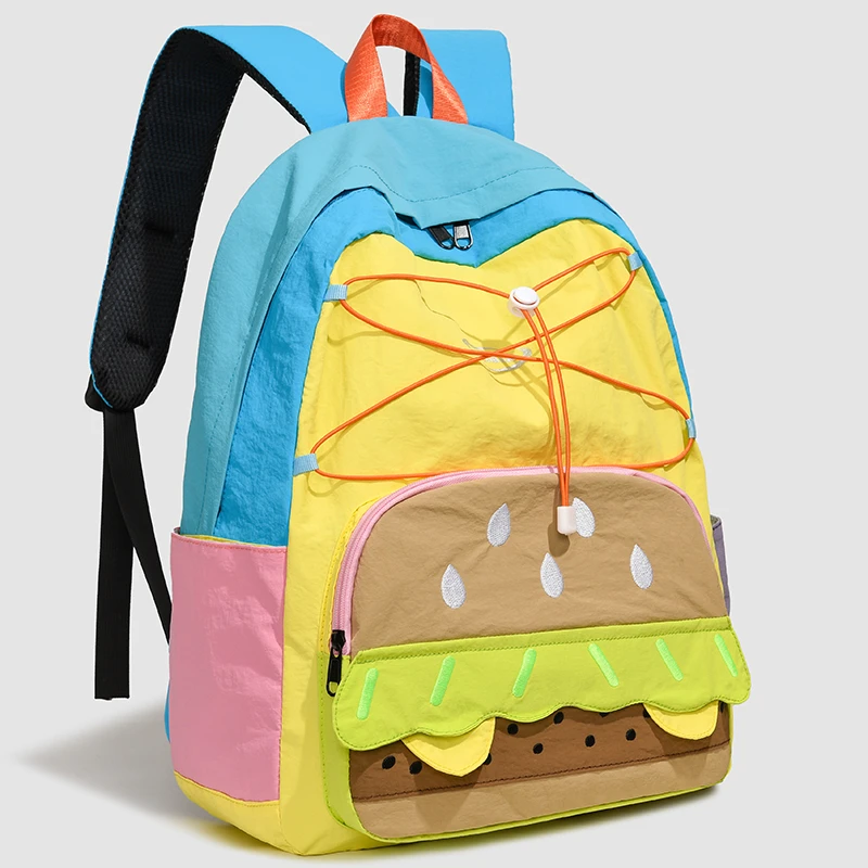 Cute 3D Hamburger Print Backpack Patchwork Rucksack Funny Cartoon Burger School Bag Teen Girls Large Capacity Travel Daypack