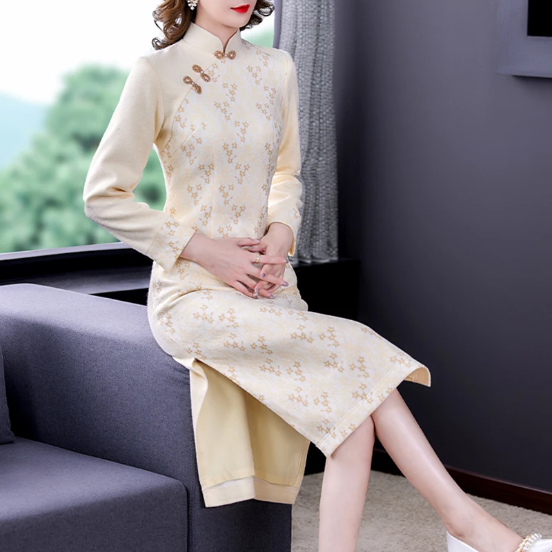 Women Chinese Style White Woolen Cheongsam Dress 2024 New Fashion Patchwok Lace Dress Autumn Winter Elegant Bodycon Casual Dress