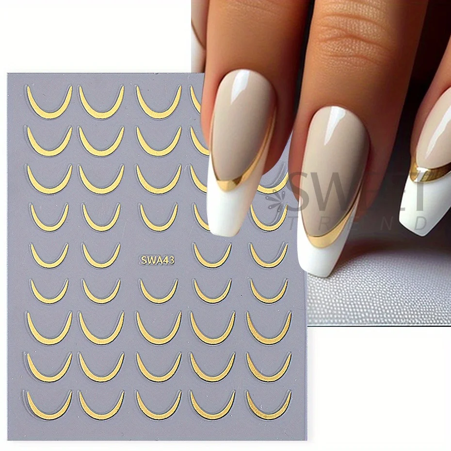 2pcs Gold Silver French Curve Stripe Nail Art Sticker Simple Line Swirl Tape Metallic Classy Decal DIY Charm Foils Manicure Tips