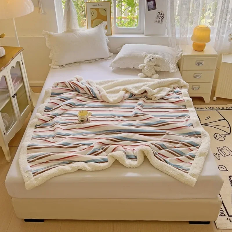 

2025 New Striped Milk Fleece Double Blanket Warm Thickened Coral Fleece Office Nap Blanket