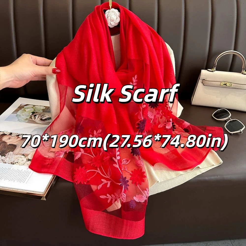 Moda flor luxo lenço de seda bordado foulard feminino hijab xales macio fino grande lenço de renda envolve feminino