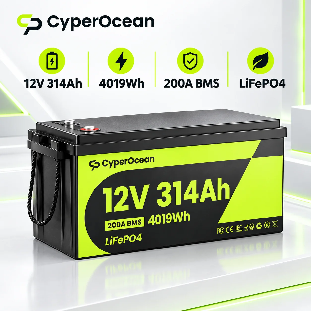 Batteria al litio LiFePO4 da 12V con protezione BMS a bassa temperatura 314Ah/200Ah/100Ah 4019Wh/2560/1280Wh Batteria portatile al litio ferro fosfato 15000+ cicli per