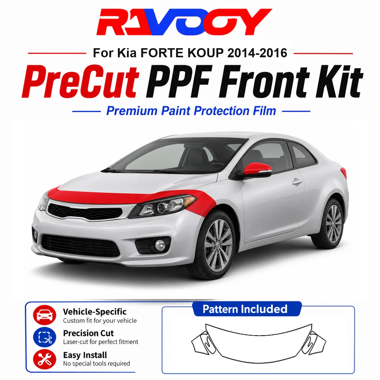 

8.5mil TPU Precut PPF Kit For Kia FORTE KOUP 2014-2016 - Hood, Fenders & Mirror Set - Self-Healing Clear Bra Film