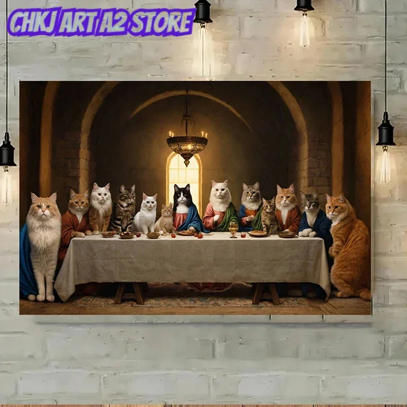 Funny Animal Whimsical Cat Last Supper Canvas Poster Feline Gathering Historical Parody Pet Lovers Prints Wall Paintings Decor