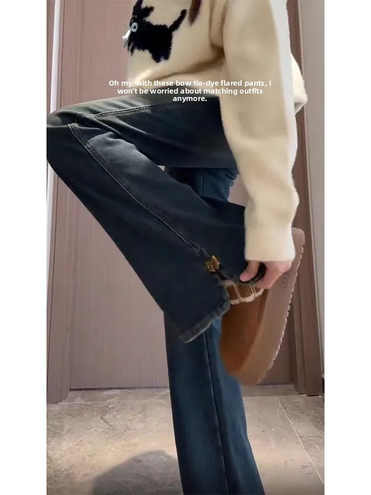 

Расклешенные джинсы с высокой талией, женские повседневные брюки с разрезом и узлом больших размеров, утягивающие джинсы больших размеров