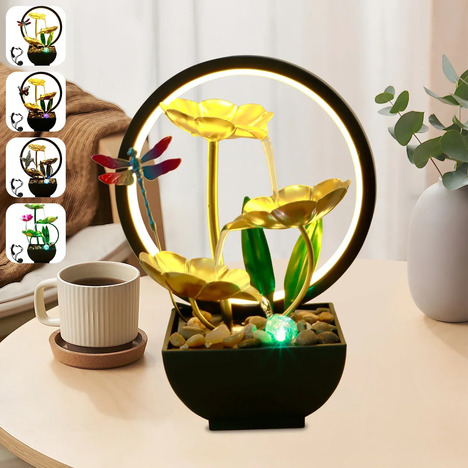 

3-Tier Fountain Water Circulating LED Ring Lights Decoration for Living Room Home Desk Decoration Gift TV Cabinet Night Light