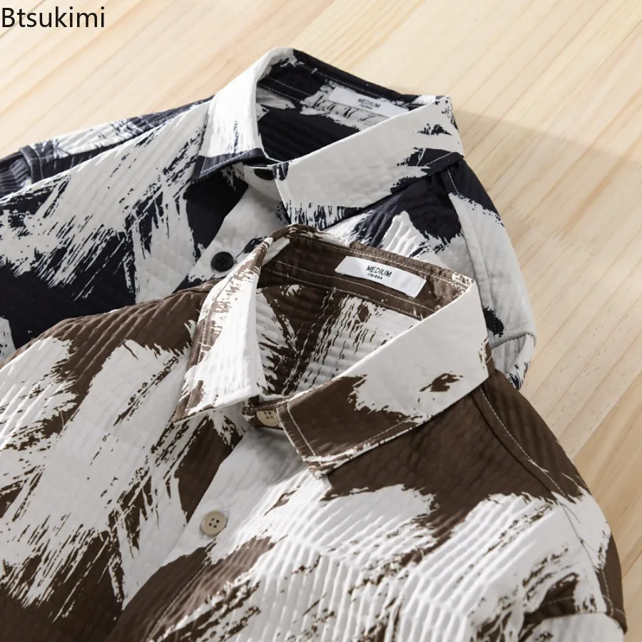 جديد ربيع الخريف الرجال عالية الجودة قمصان طويلة الأكمام موضة التلبيب فضفاض قميص غير رسمي معاطف طباعة مخطط الذكور سترة القمم