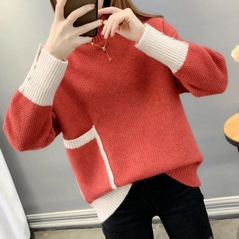 New Autumn and Winter Fashion Thickened Half High Neck Colored Loose and Versatile Western Women\'s Knitted Long Sleeve Sweater