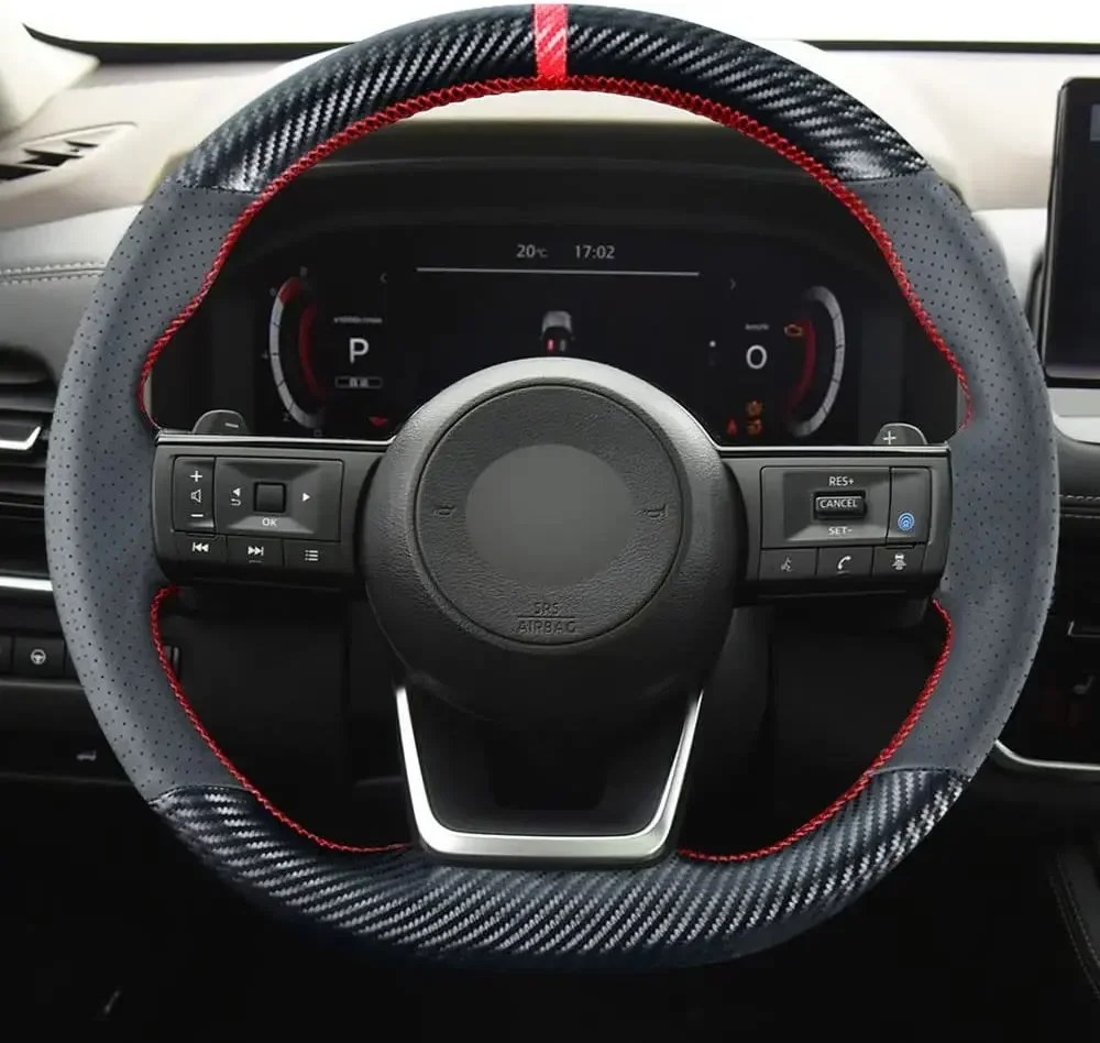 DIY Stitching Carbon Fiber Steering Wheel Cover For Nissan Rogue 2021 2022 Pathfinder 2022 Black Leather Interior Accessories view 2