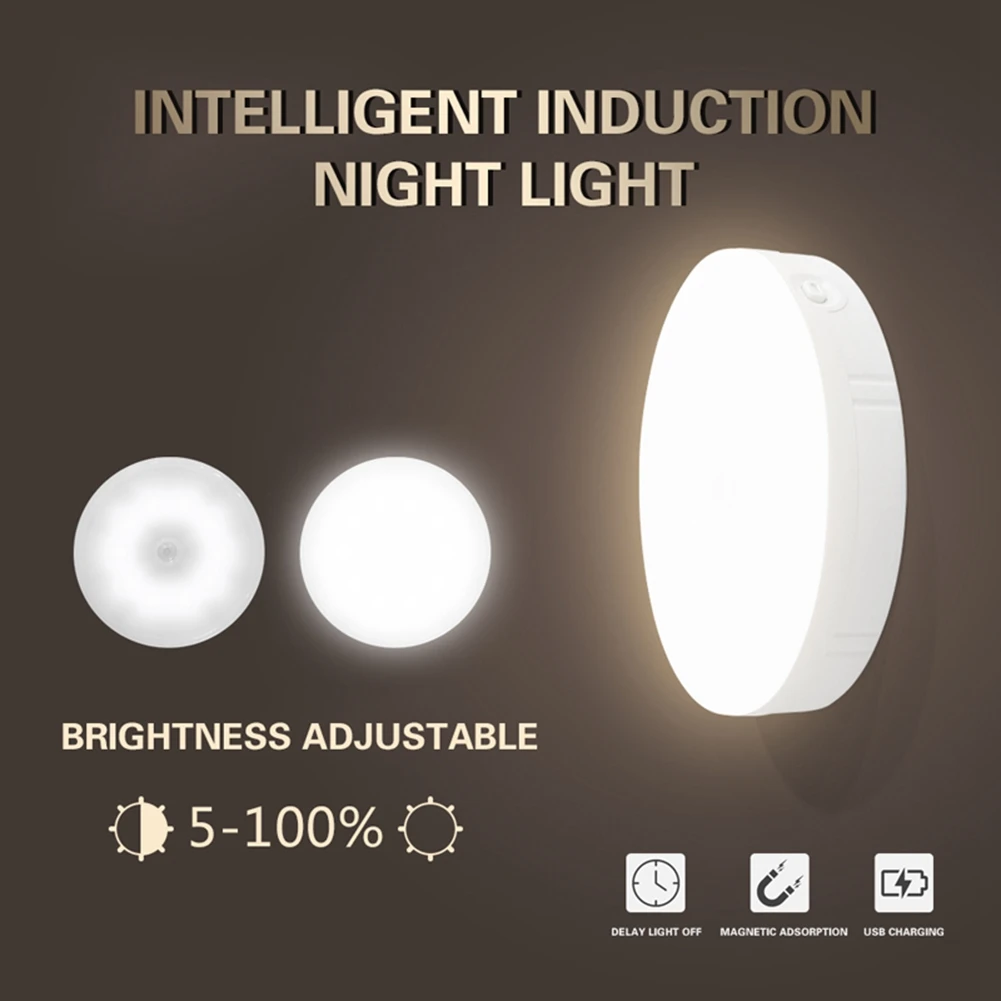PIR Sensor de Movimento LED Night Light, USB Recarregável, Regulável, Lâmpada para Gabinete, Sem Fio, Armário, Branco