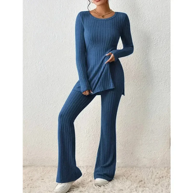 Women Suit Set Stylish Women\'s Knitted Two-piece Suit Set with Long Sleeve Ribbed Top High Waist Flared Trousers for Fall