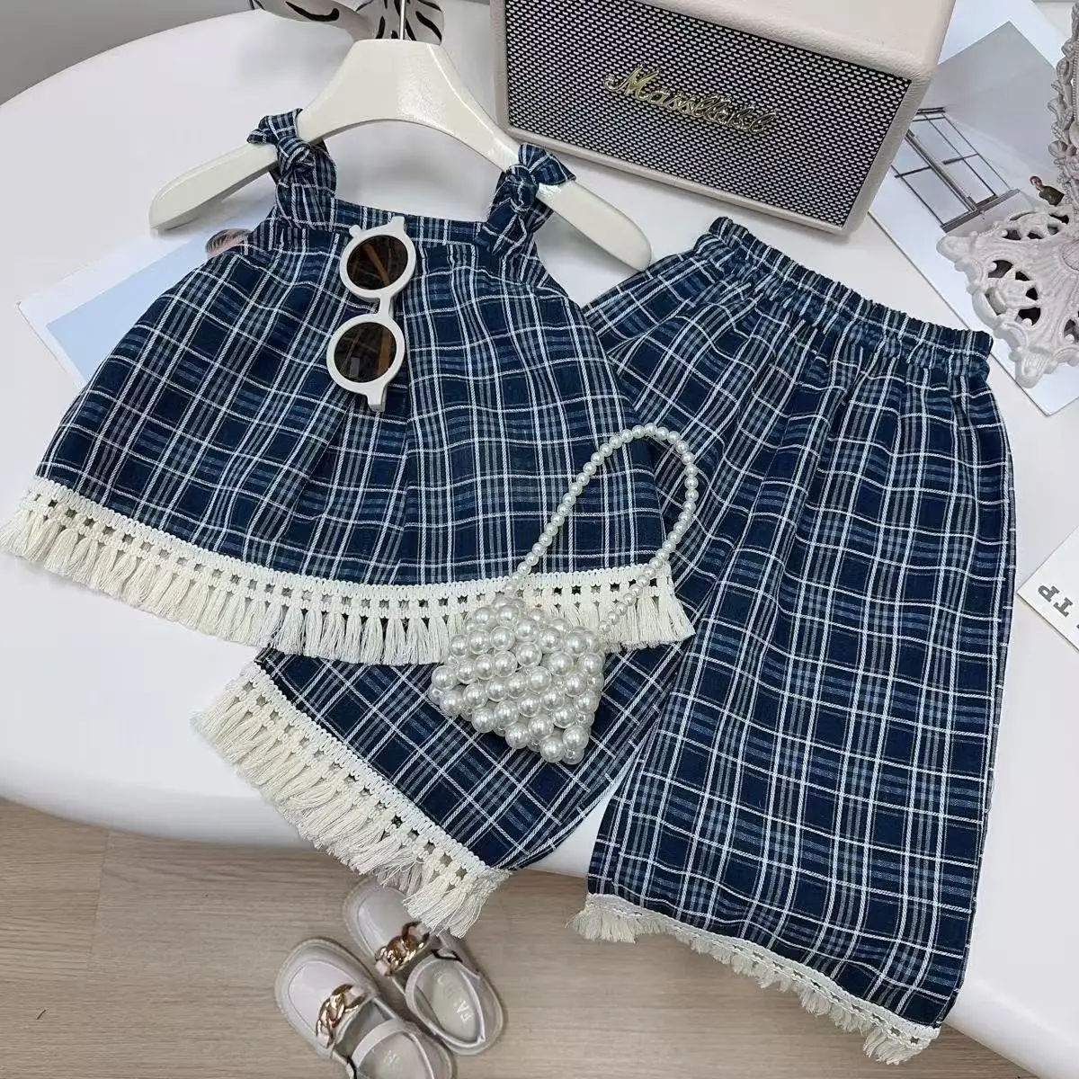 

Girl's Suit Summer 2025 New Plaid Halter Top Tassel Lace Wide Leg Trousers Children Retro Two-piece Set 90-140CM