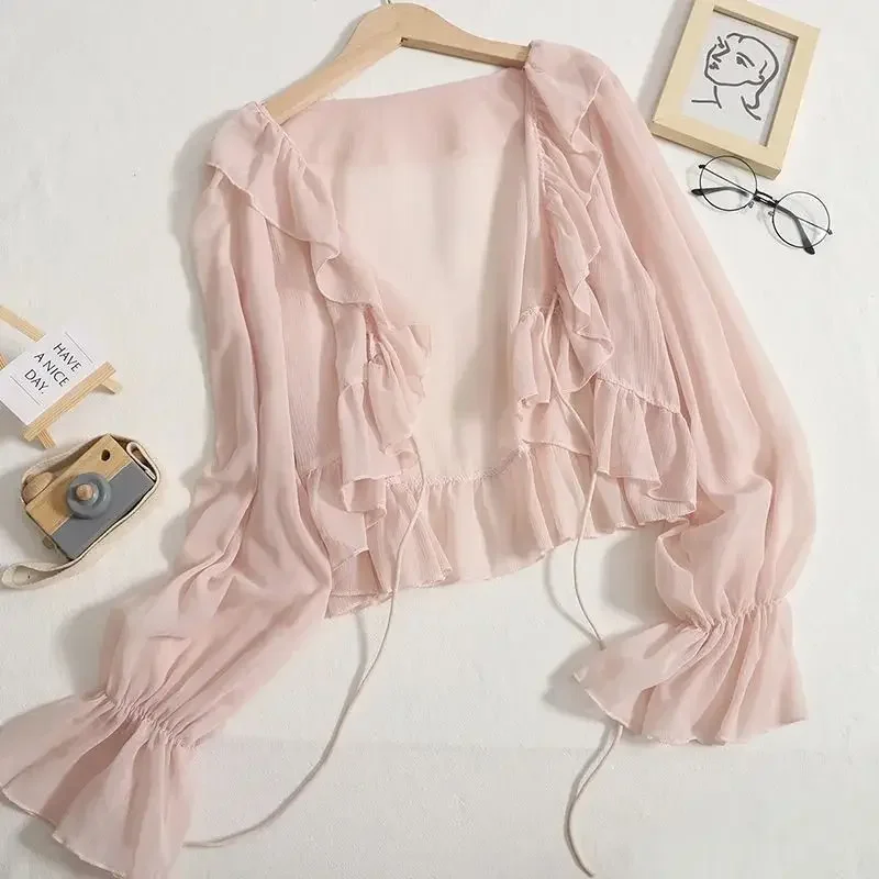 

Blouses Women Lace-up Summer New Design Thin Trendy Long Sleeve Leisure Sweet Girls All-match Korean Style Tender Streetwear Ins