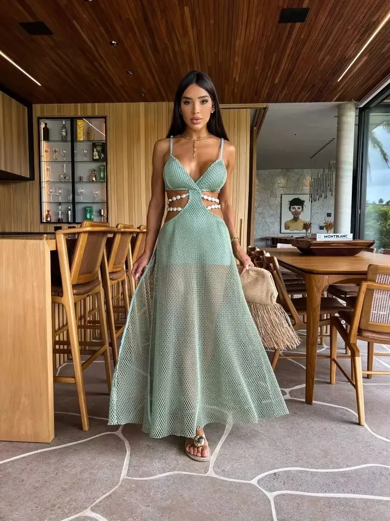 

New Sexy Solid Women Dress V Neck Sleeveless High Cut Naked Waist Long Dress Fashion Evening Party Dress