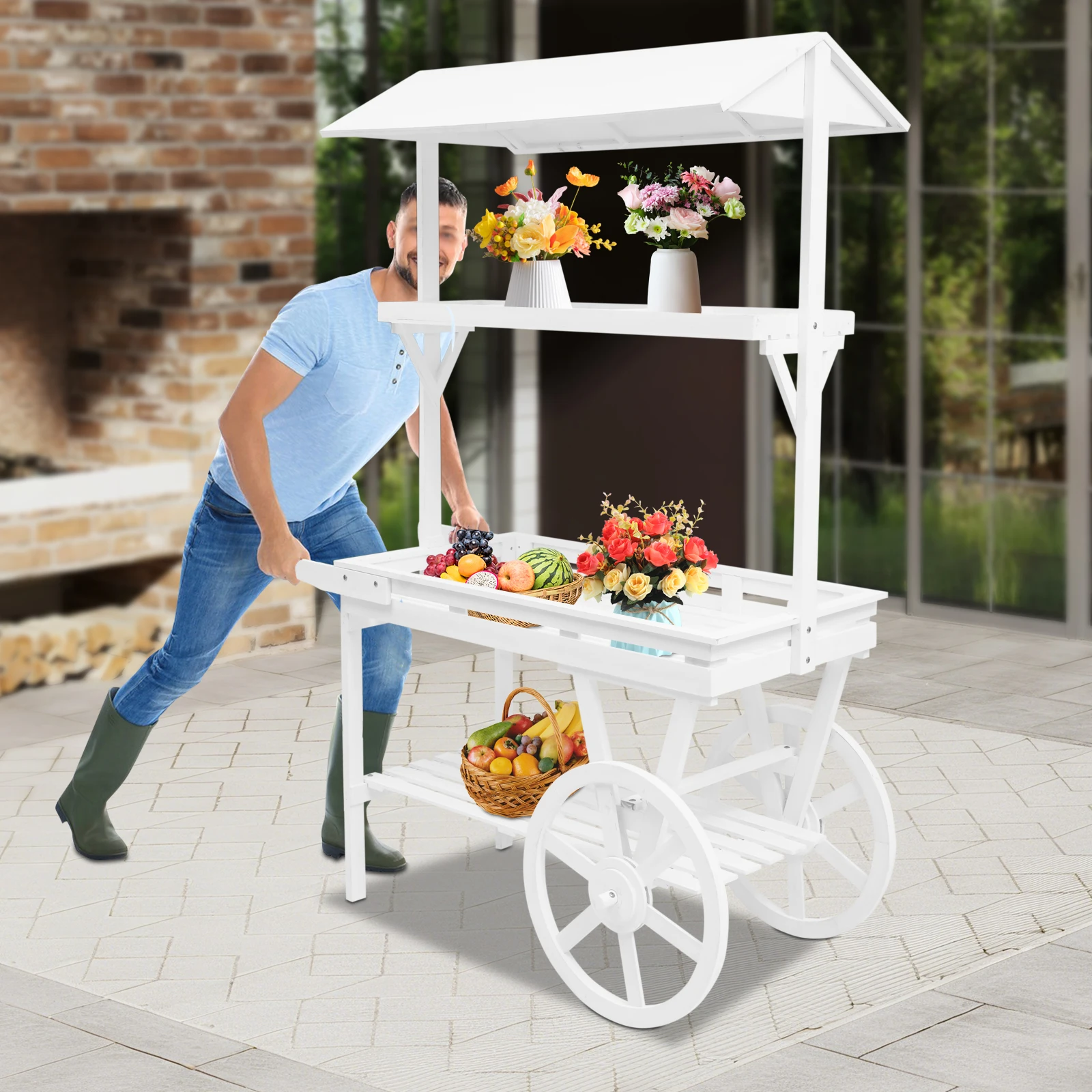 

White Solid Wood 134x54x176cm American Retro Float Display Stand Wheeled Mobile Storage Car