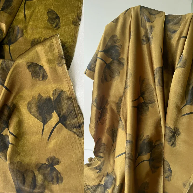 Yellow Apricot Leaf Printed Plant Retro Soft Silky Cardigan Dress Han Clothing Designer Fabric