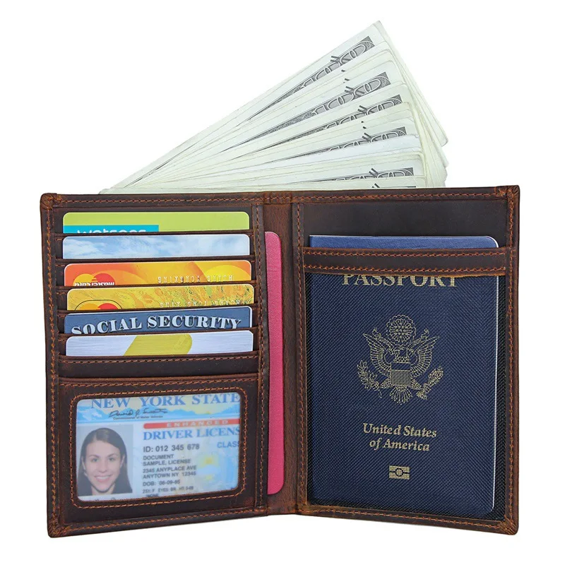 Genuine Leather Men Travel Passport Wallet for Card Design Short Wallets with Passport Holder Male Purse Coin Document Case RFID