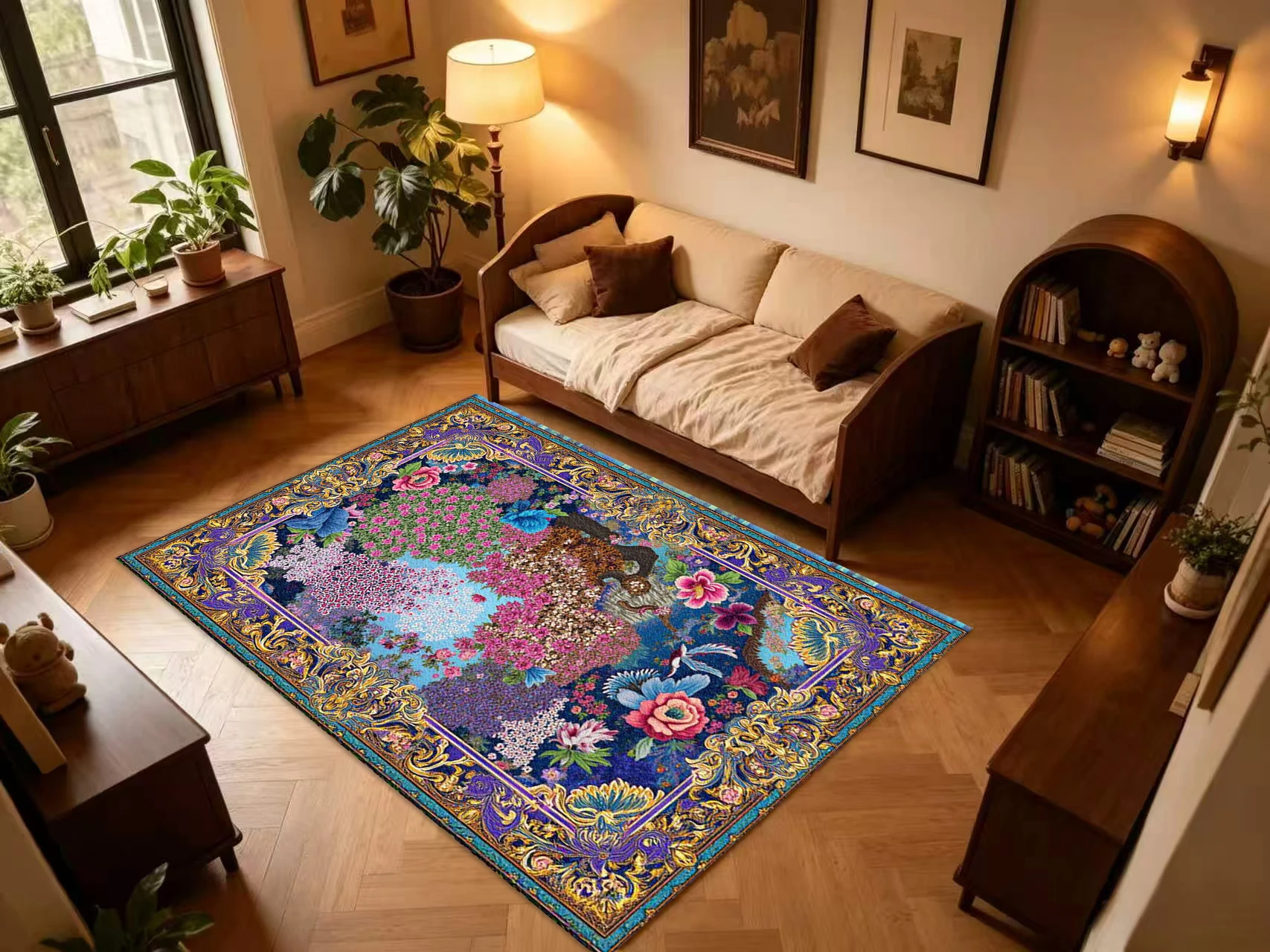 Luxury Vintage Framed Jungle Floral Carpet Flooring Ornate Golden Border Colorful Garden Flower Art Household Large Decor Floor Rug