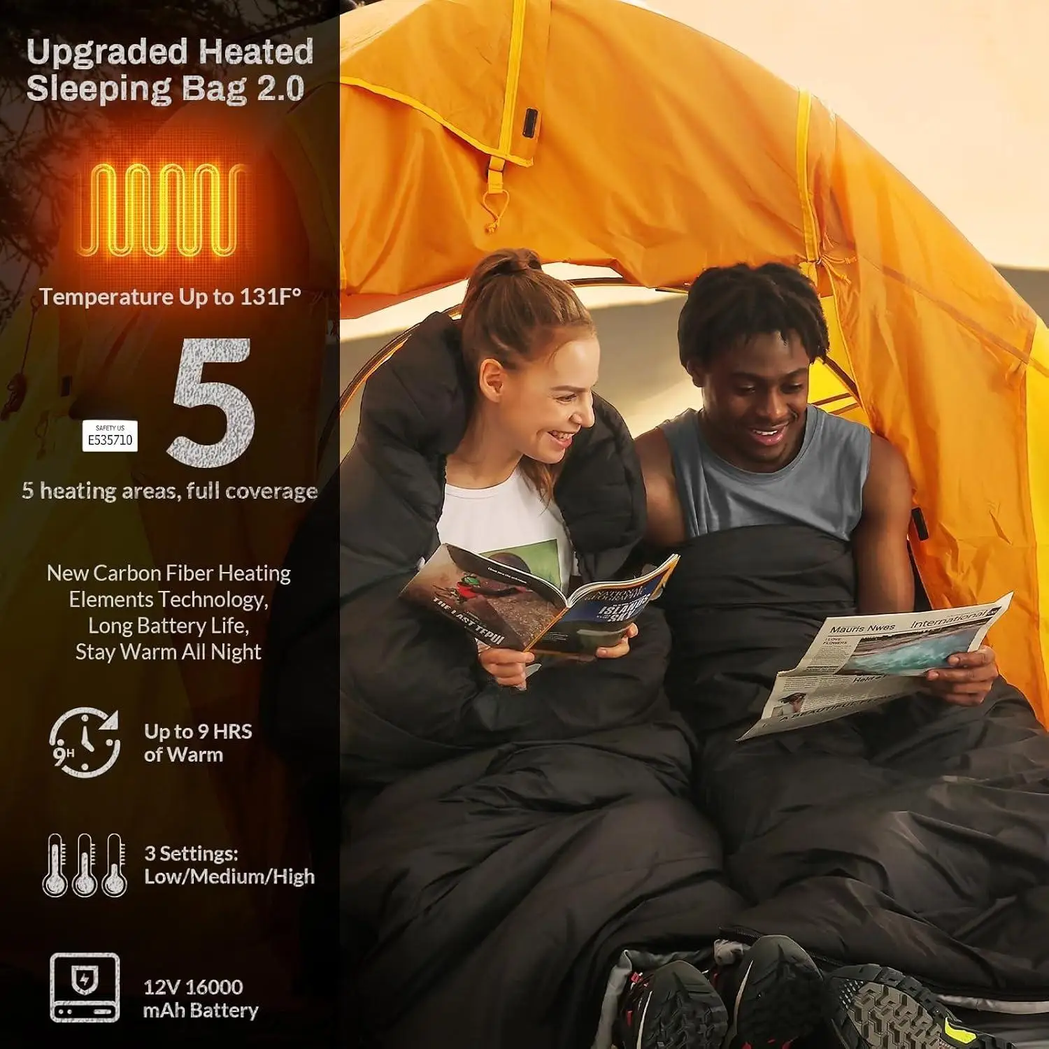 كيس نوم ساخن، 5 قطع من أكياس النوم للمناطق التسخين مع حزمة بطارية 16000 مللي أمبير في الساعة 12 فولت، 3 مستويات تسخين قابلة للتعديل