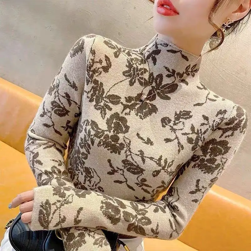 2024 Mock Neck Sweaters Women\'s Autumn/Winter Da Di Shan New Arrivals Fashion Western Style All-match Color Block Sweater Tops