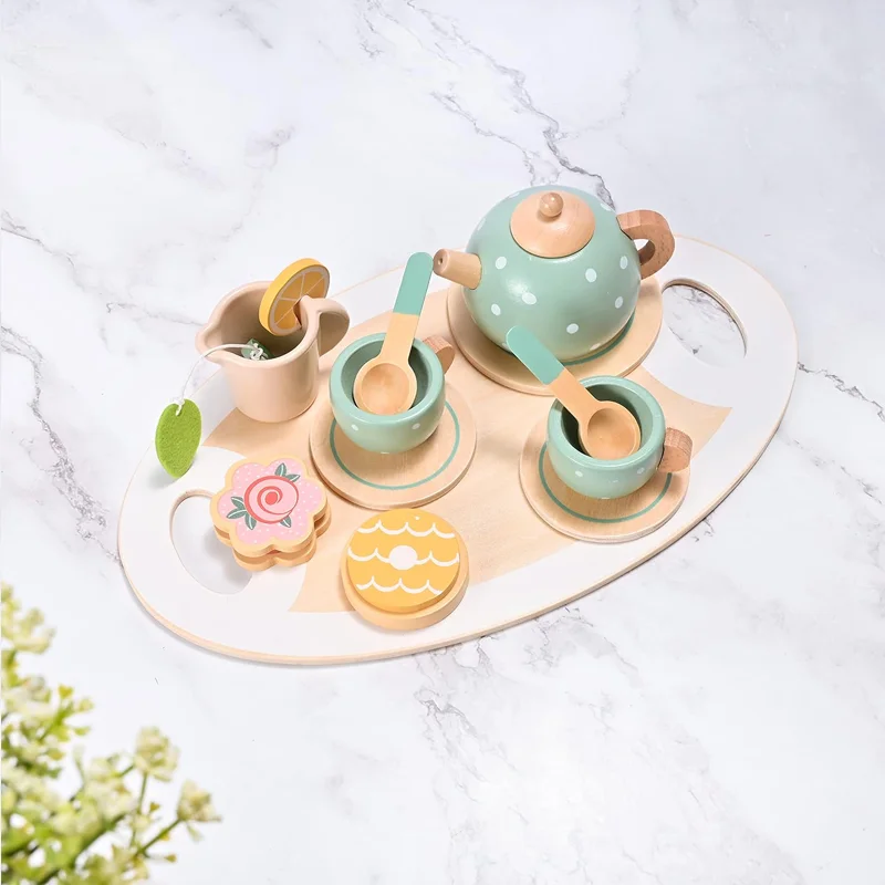 어린 소녀들을 위한 나무 차 세트, 소꿉놀이 주방 액세서리, 소녀와 소년을 위한 공주님 티타임 파티 음식 장난감