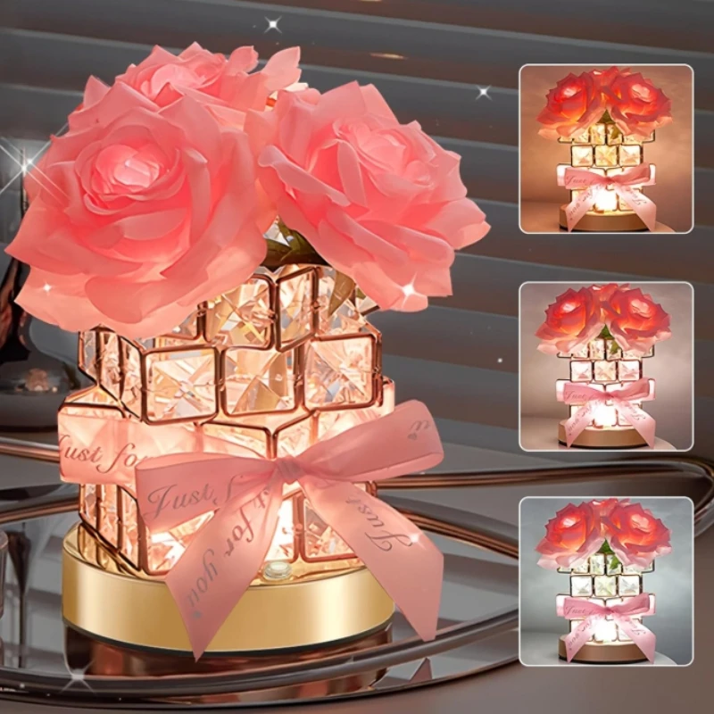 Rechargeable Cordless Touch Rose Table Lamp,3 Color Dimming Forever Flowers Night Light, Anniversary Valentines Rose Gift