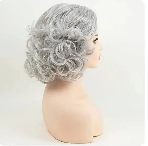 Gray Wigs for Women Older Silver Grey Short Curly Bob Synthetic Hair Wigs