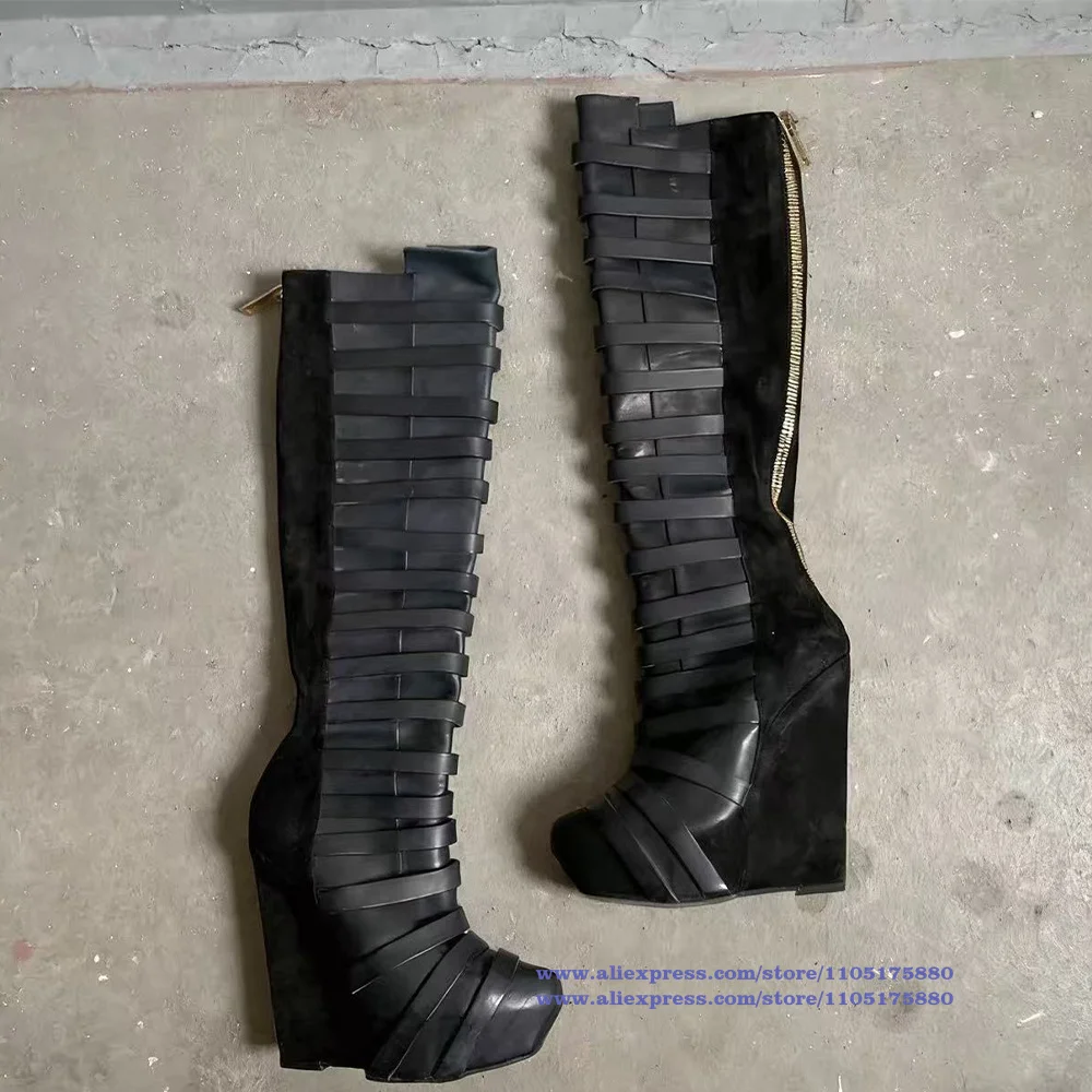 Multi Straps Plattform Keil Kniehohe Stiefel Zurück Zipper Schwarz Leder Stiefel Frauen Schuhe Neuheit Designer Stiefel Party Botas Mujer