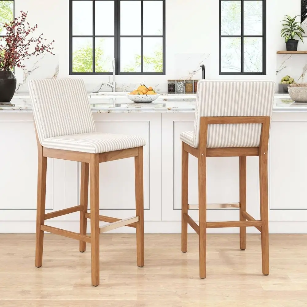 

Khaki Stripe Upholstered Bar Stools Set of 2 with Backrest and Metal Footrest for Kitchen Island