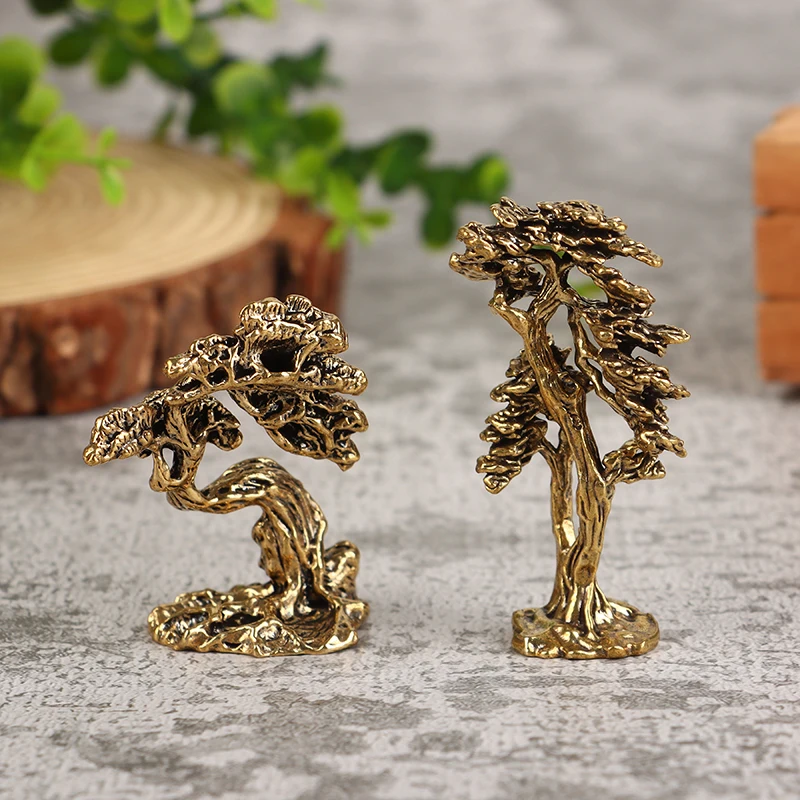 New-1Pc Brass Mini Welcome Pine Figurine Tree Miniature Landscape Small Bonsai Tree Statues Decorations Accessories
