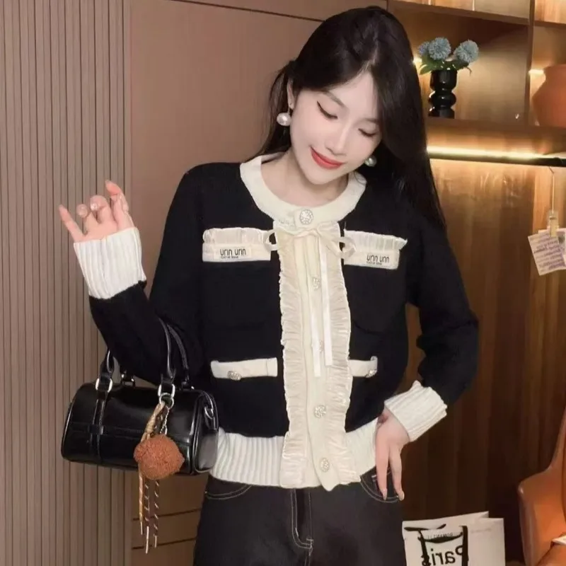 Autumn Summer Korean Fashion Women Long Short Sleeve Knitted Top Nail Drill Bow Tie Button Short Coat Slim Fit Sweater New