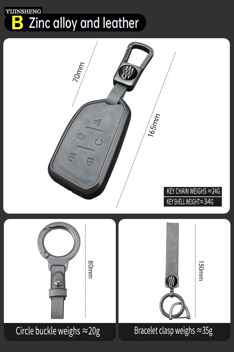 5 Buttons Zinc Alloy + Leather Car Key Case Cover Fob Holder Shell For Cadillac CT4 CT5 CT4-V C8 Corvette 2020 2021 Escalade