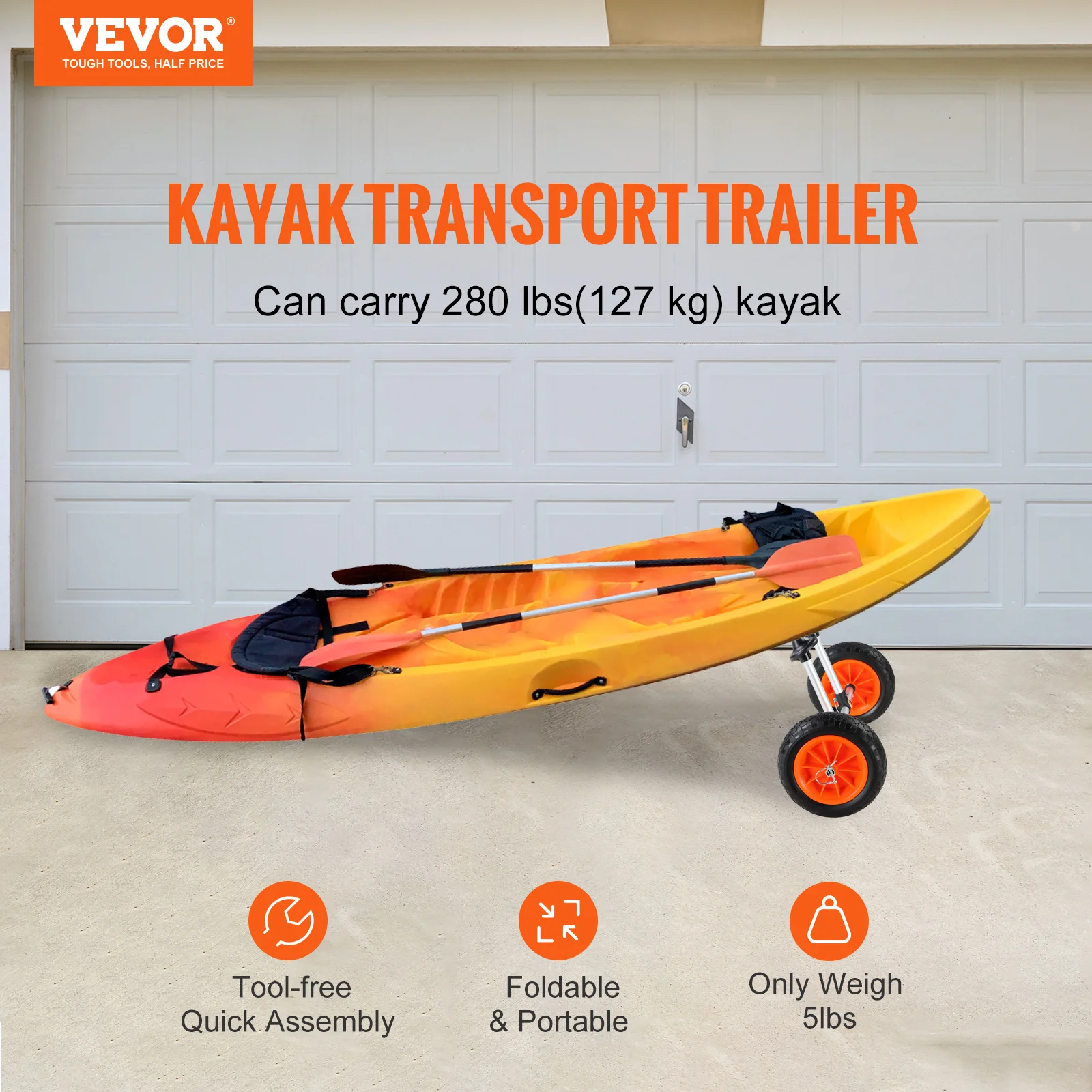 VEVOR Heavy Duty Kayak Cart, 280lbs Load Capacity, Detachable Canoe Trolley Cart with 10'' Solid Tires, Adjustable Width